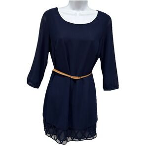 My Michelle Mini Dress Women's Dress Sz 9 Navy Blue Belted Zip 3/4 Sleeves Sheer